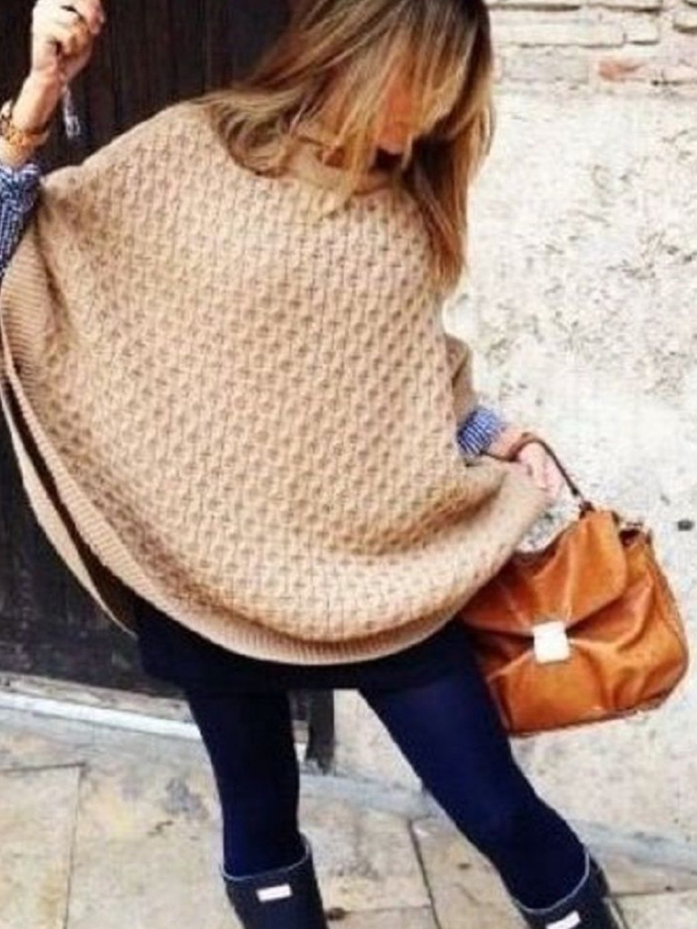 MICHAEL Michael Kors Ribbed Cable Knit Turtleneck Poncho - Camel